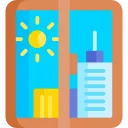  icono de una ventana con vista a la ciudad y al sol 